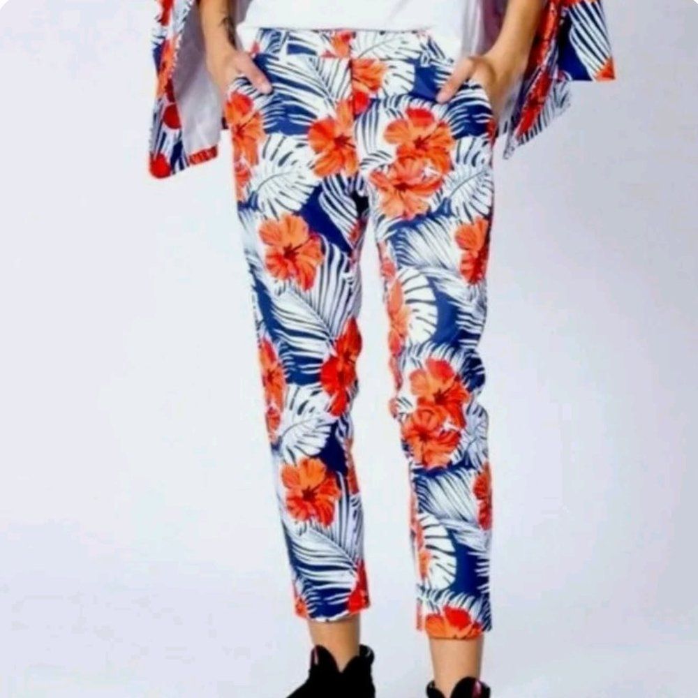 Wildfang Portland Boutique Tropical Slim Crop Ankle Pant Hibiscus Floral Size 16